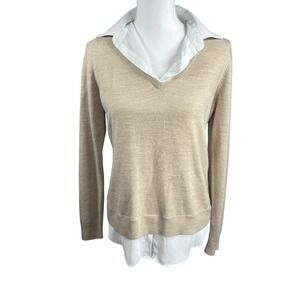 Croft & Barrow Layered Top Sweater White Collar Shirt Tan Office Career Business